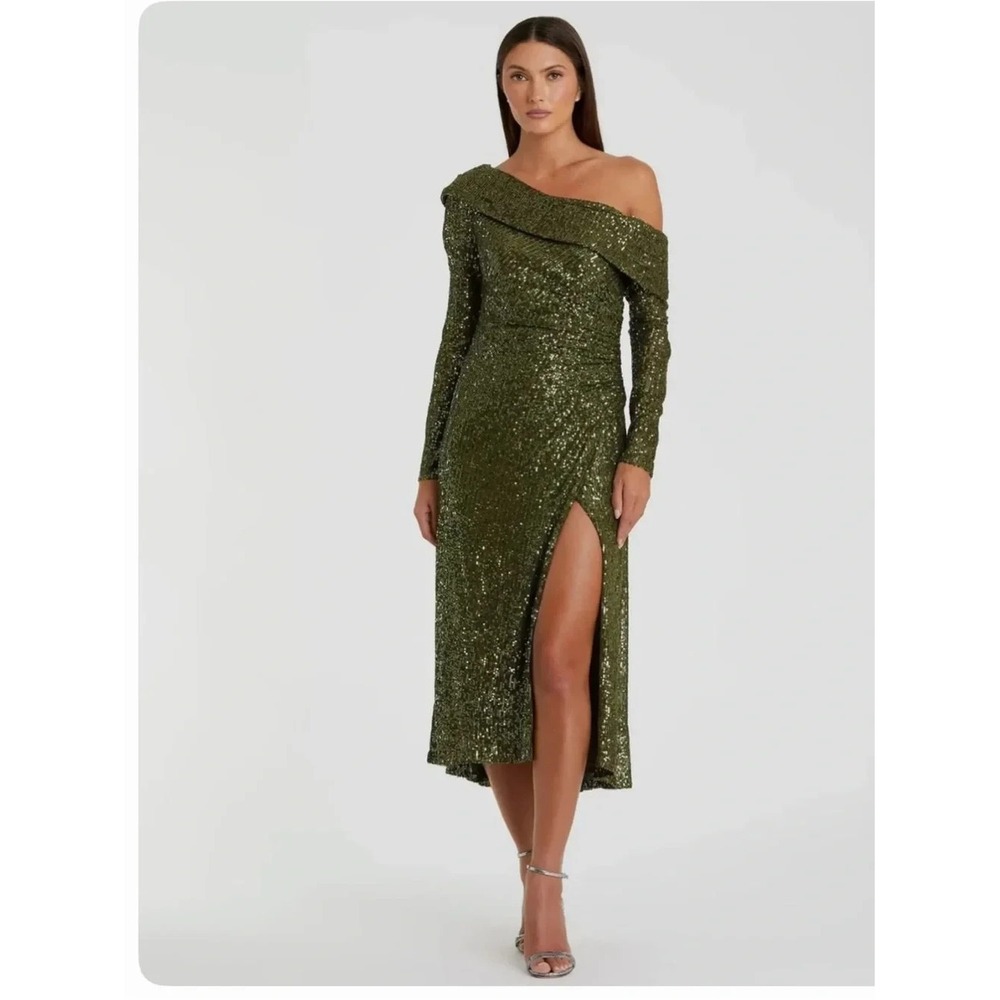 NWT IEENA for Mac Duggal 26551 Off Shoulder Size 2 Olive Sequin Dress Gown